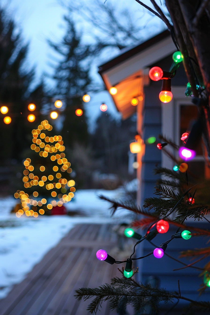 Festive outdoor scene with colorful Christmas lights on tree branches and a blurred light-up tree in the background at dusk.