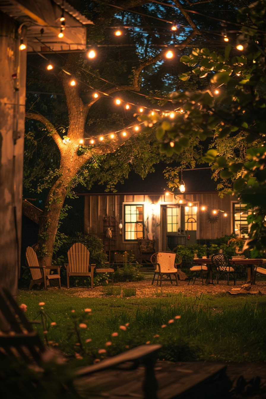 Cozy backyard at dusk with string lights hanging from a tree, wooden chairs, and a warmly lit house in the background.