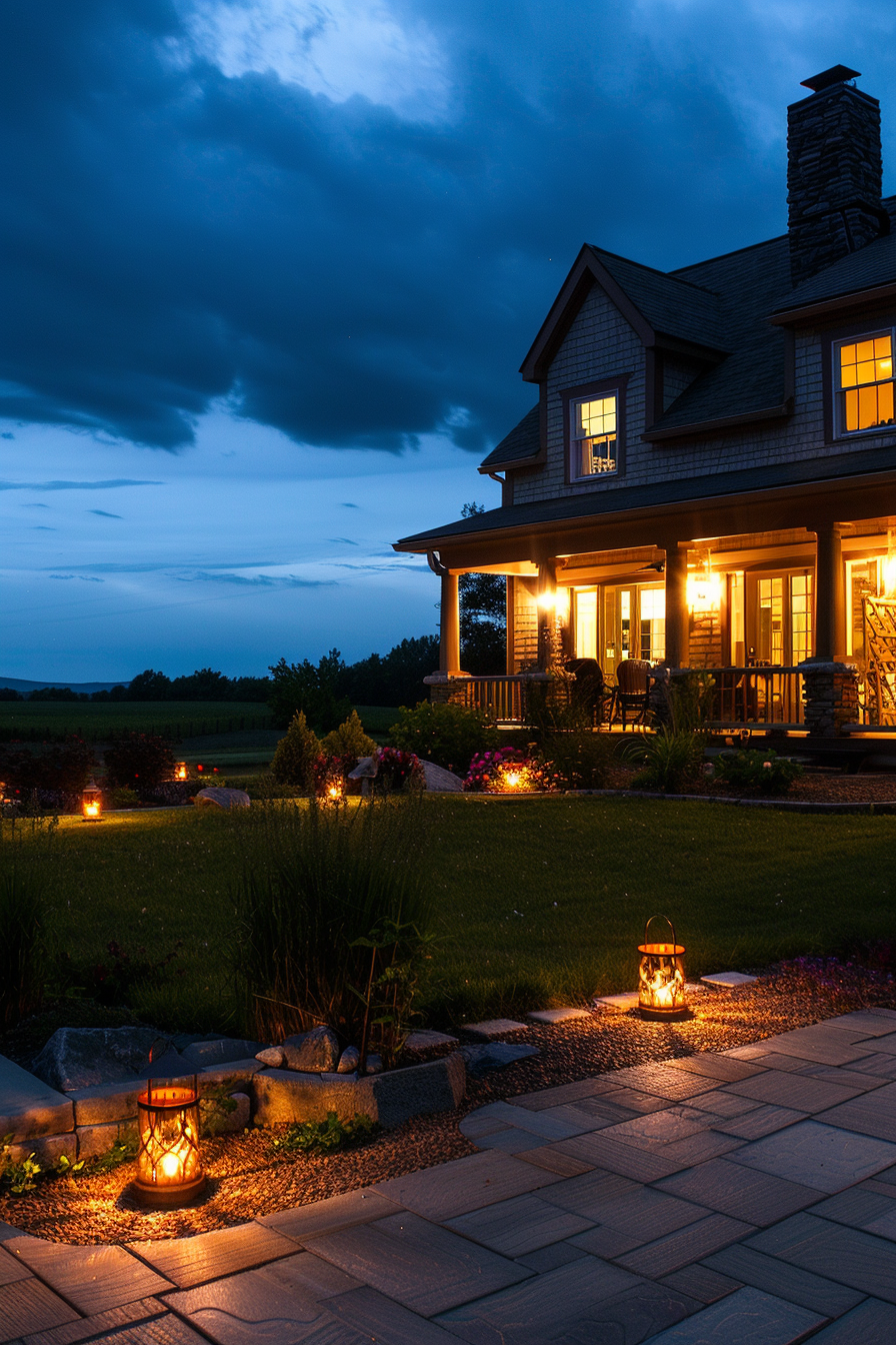 A cozy house with lit windows at dusk, featuring a garden path lined with glowing lanterns under a dark blue sky.