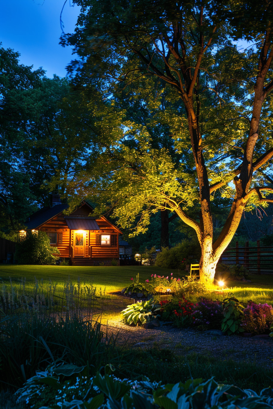 ALT: A cozy wooden cabin lit up at twilight with a glowing tree in the foreground and a lush garden leading to the porch.