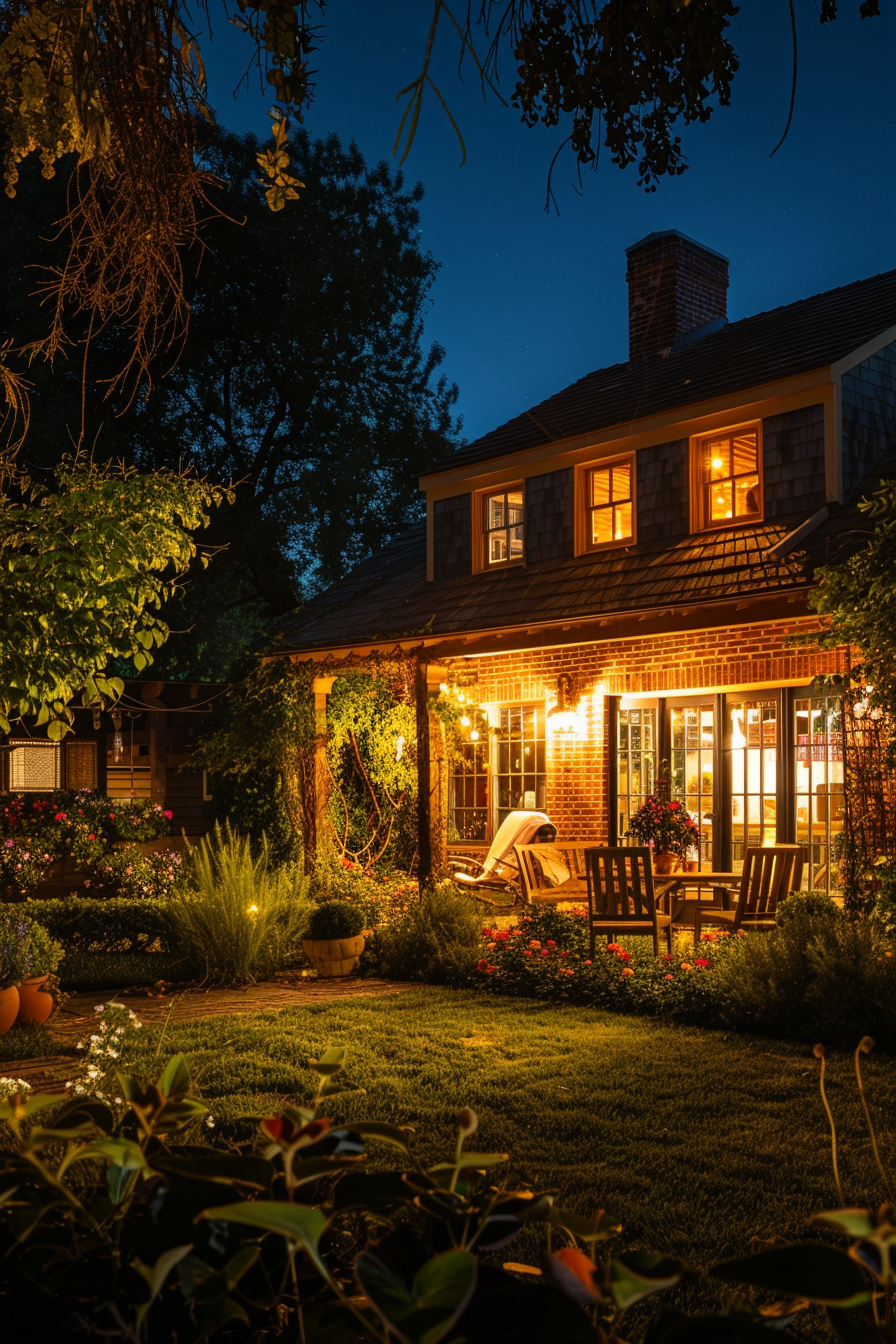 Cozy evening view of a brick house garden lit by warm lights with a pergola, flowering plants, and outdoor furniture.