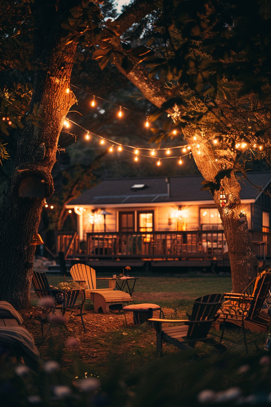 Cozy backyard with string lights at dusk, featuring Adirondack chairs around a fire pit and a cabin-style house in the background.
