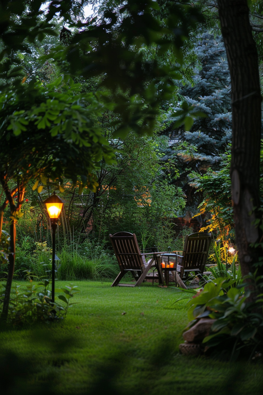 A serene garden at dusk with two wooden chairs and a table, illuminated by a warm glow from nearby garden lamps.