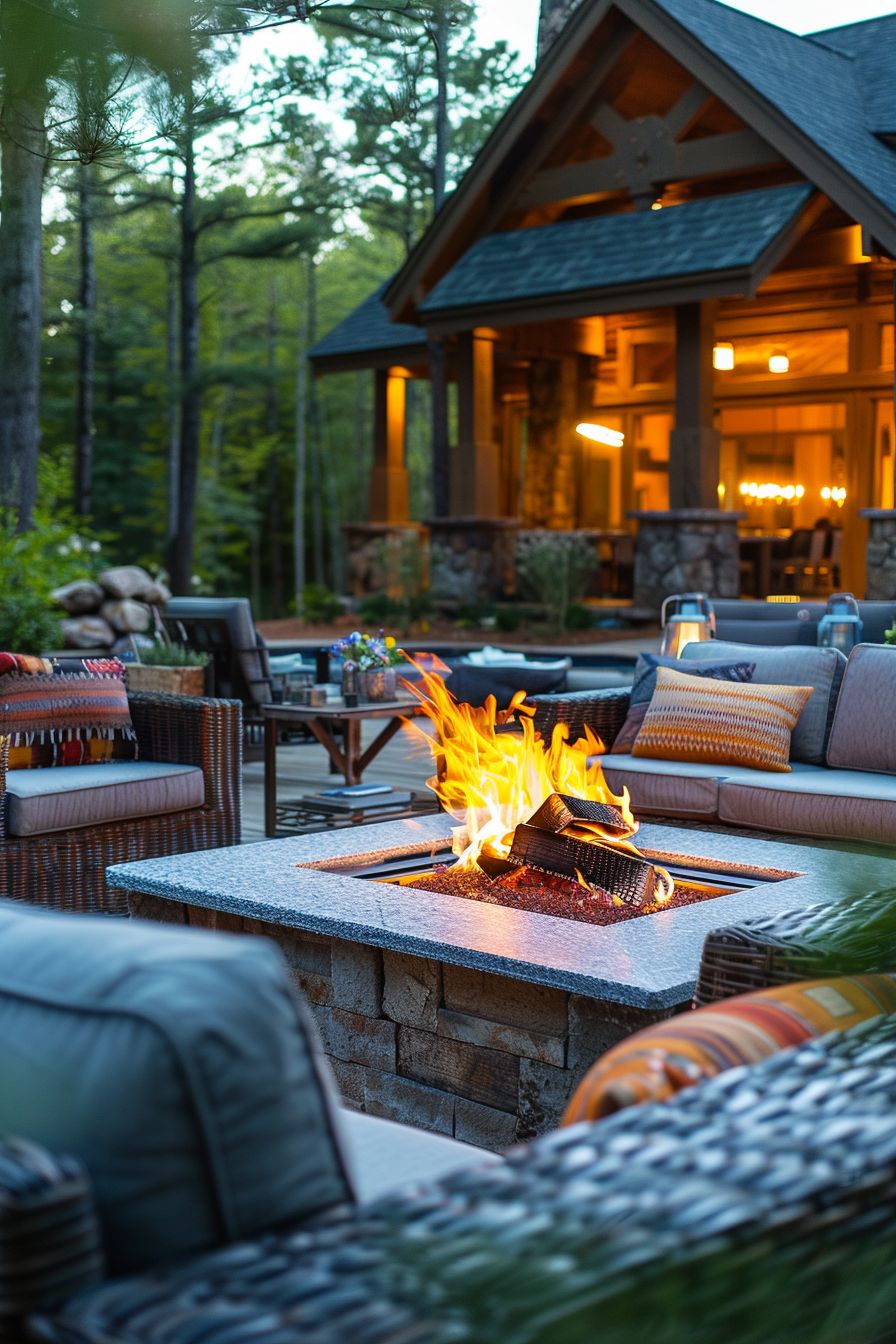 Cozy outdoor patio with a fire pit blazing at dusk, comfortable seating, in front of a forested cabin retreat.