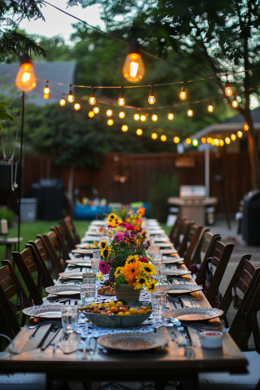 Alt text: "An elegantly set outdoor dining table with fresh flowers and string lights above, ready for an evening event."