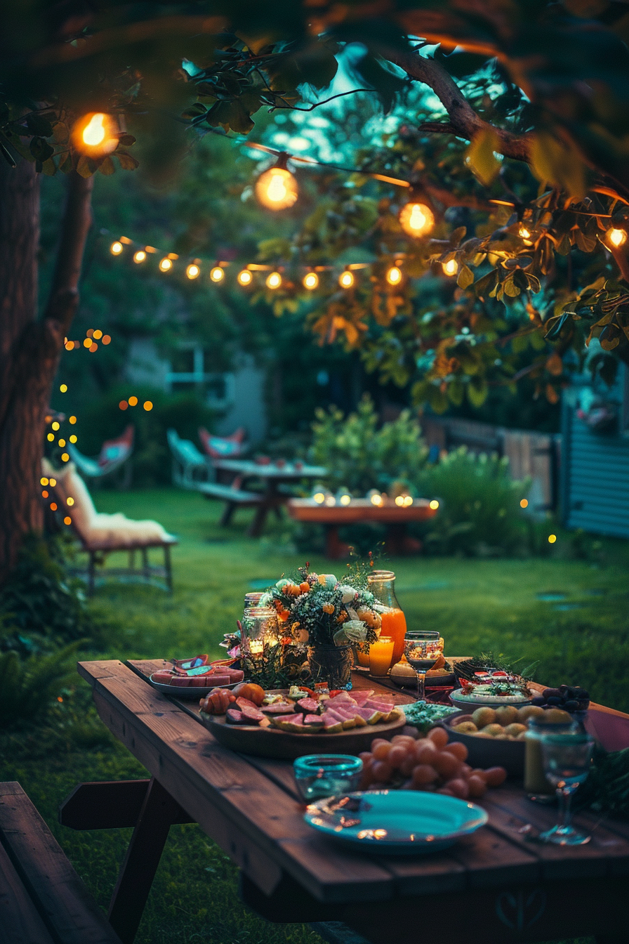 Outdoor dining table adorned with foods and flowers, under a canopy of trees and string lights at twilight.