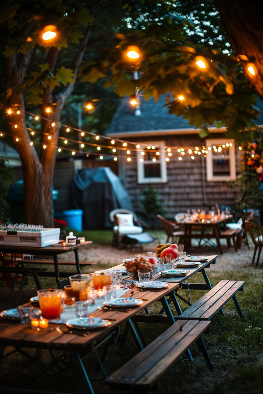 ALT: A cozy evening backyard setting with tables set for a meal, adorned with candles, string lights in trees, and a BBQ grill in the background.