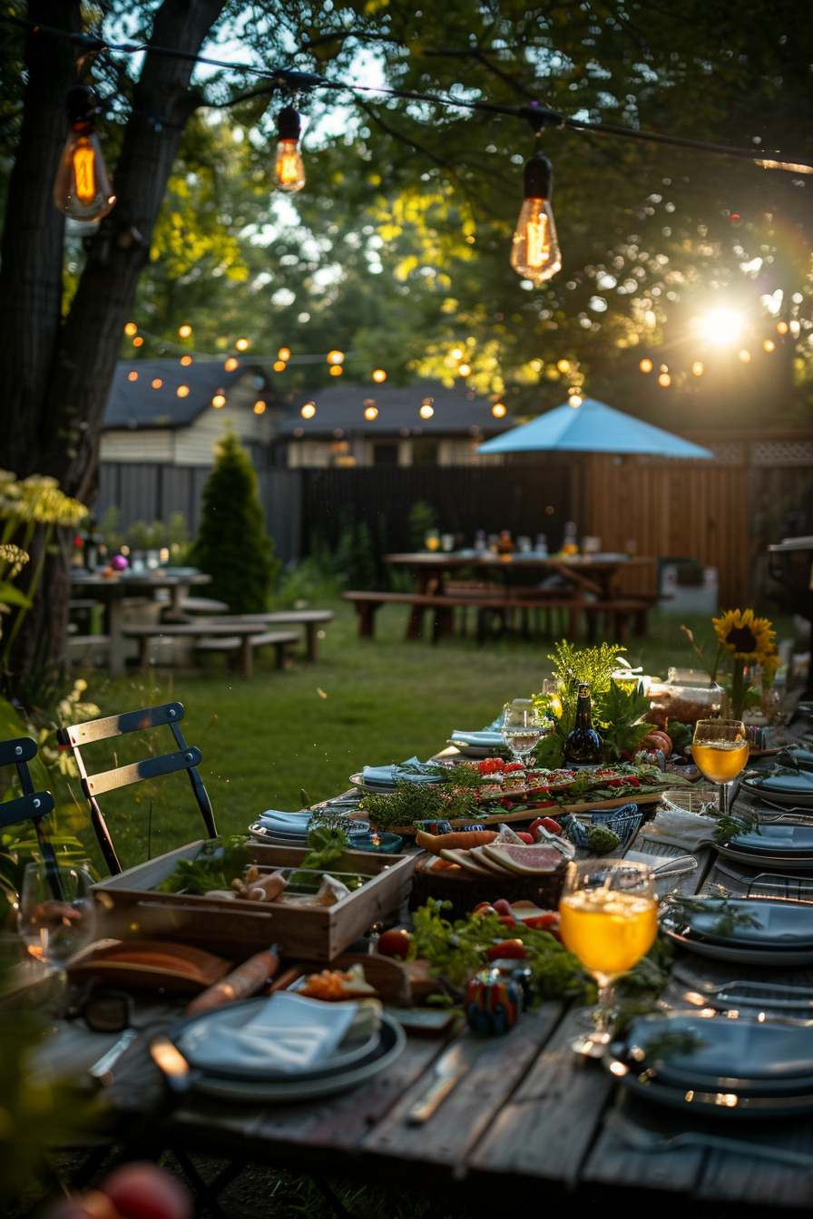 Outdoor dining setup with a rustic wooden table laden with food and drinks, string lights above, and a sunset backdrop.