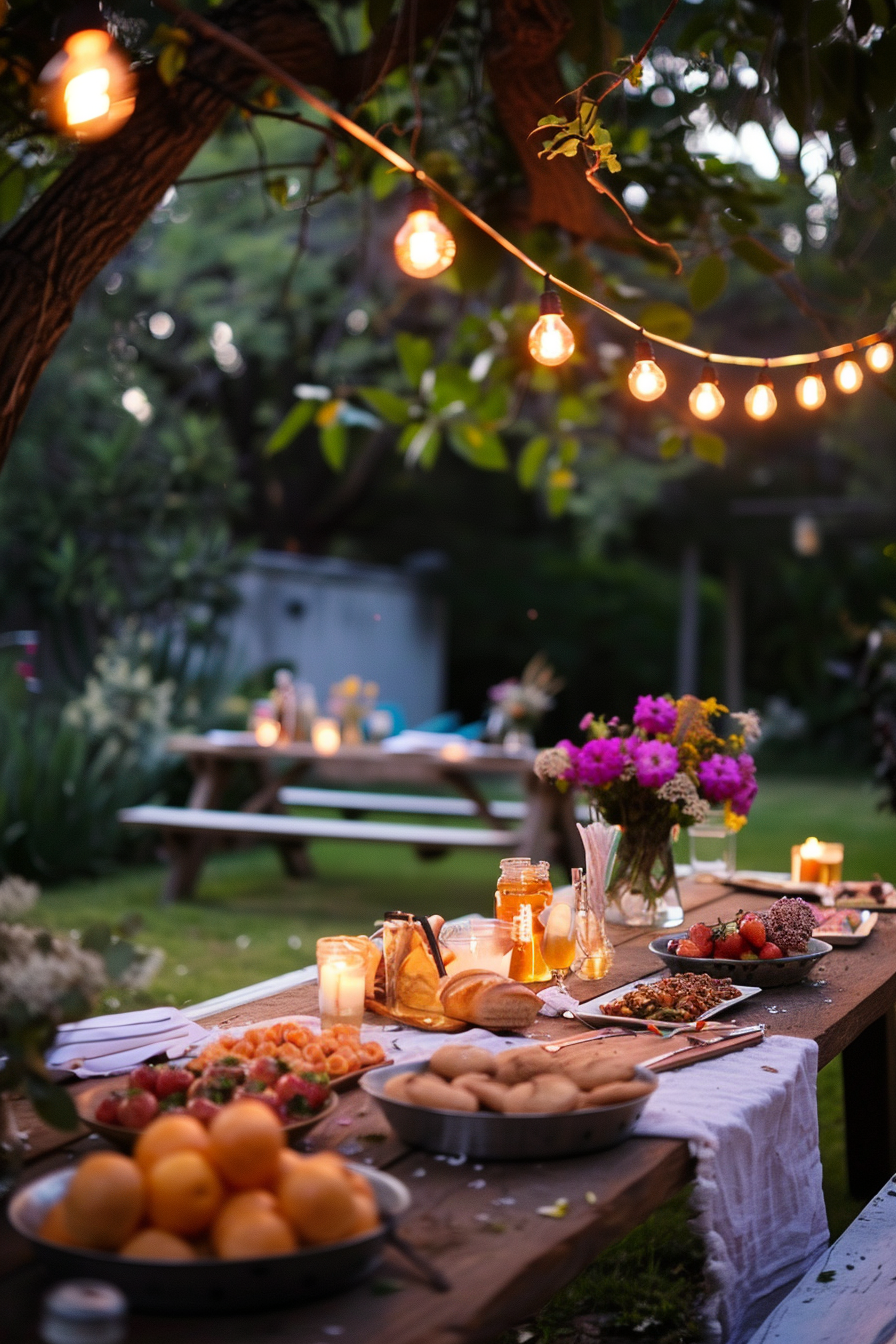 A cozy outdoor evening setting with a table adorned with food, lit candles, and hanging string lights amid greenery.