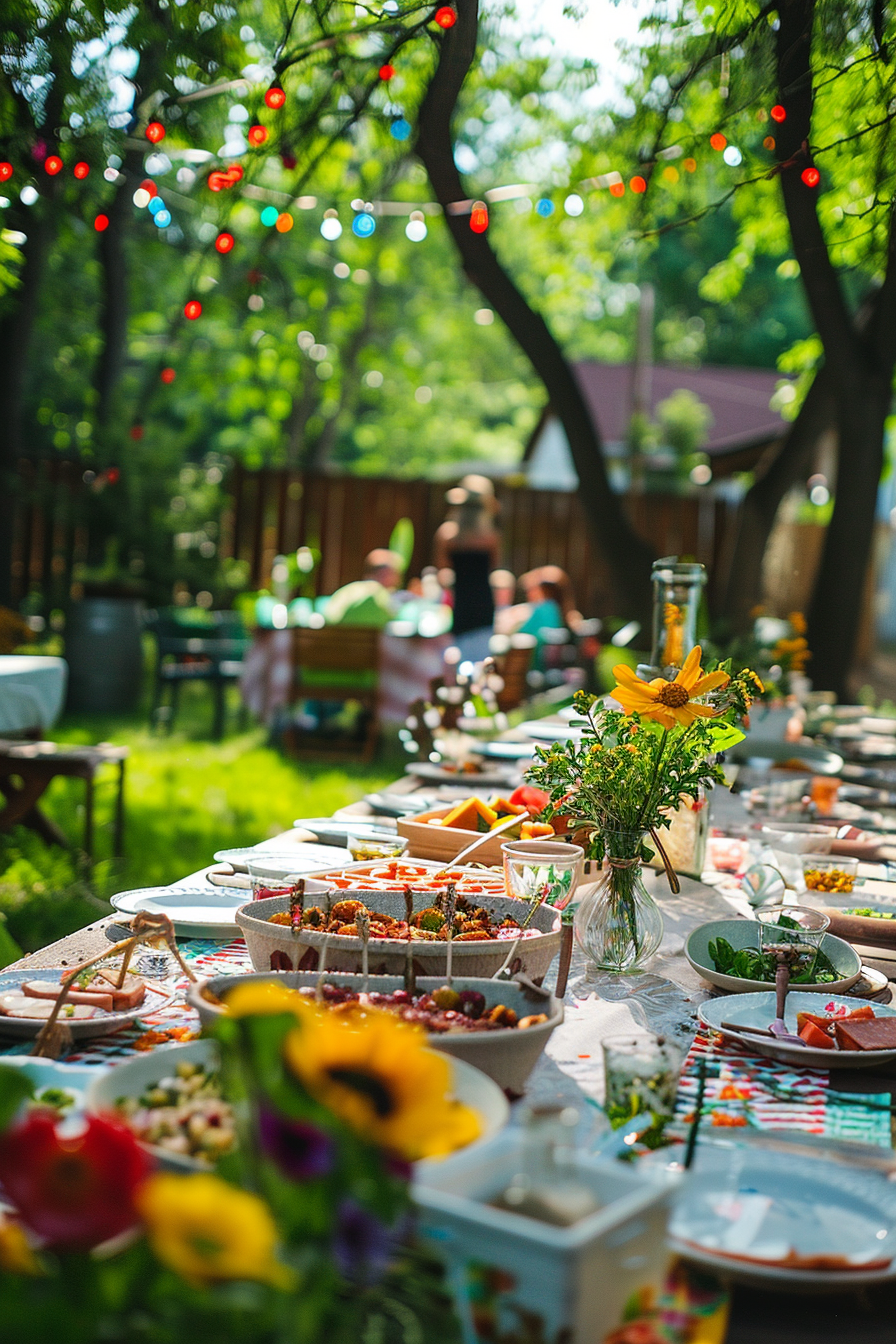 Outdoor garden party setting with a table full of various dishes, colorful lights above, and guests in the background.