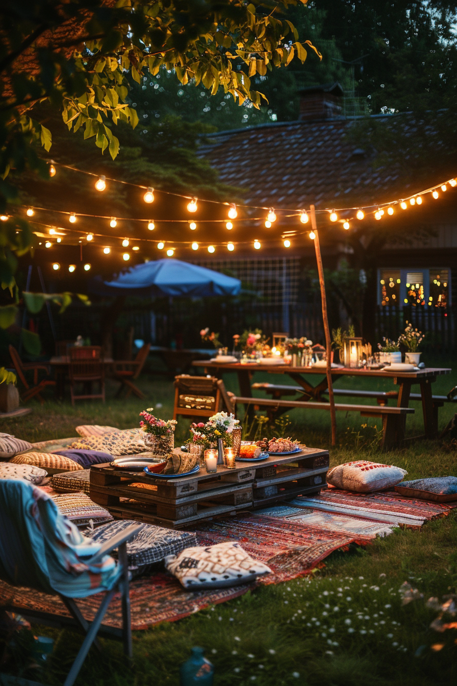 Cozy evening garden party setup with string lights, low tables, cushions on patterned rugs, and a picnic-style food arrangement.