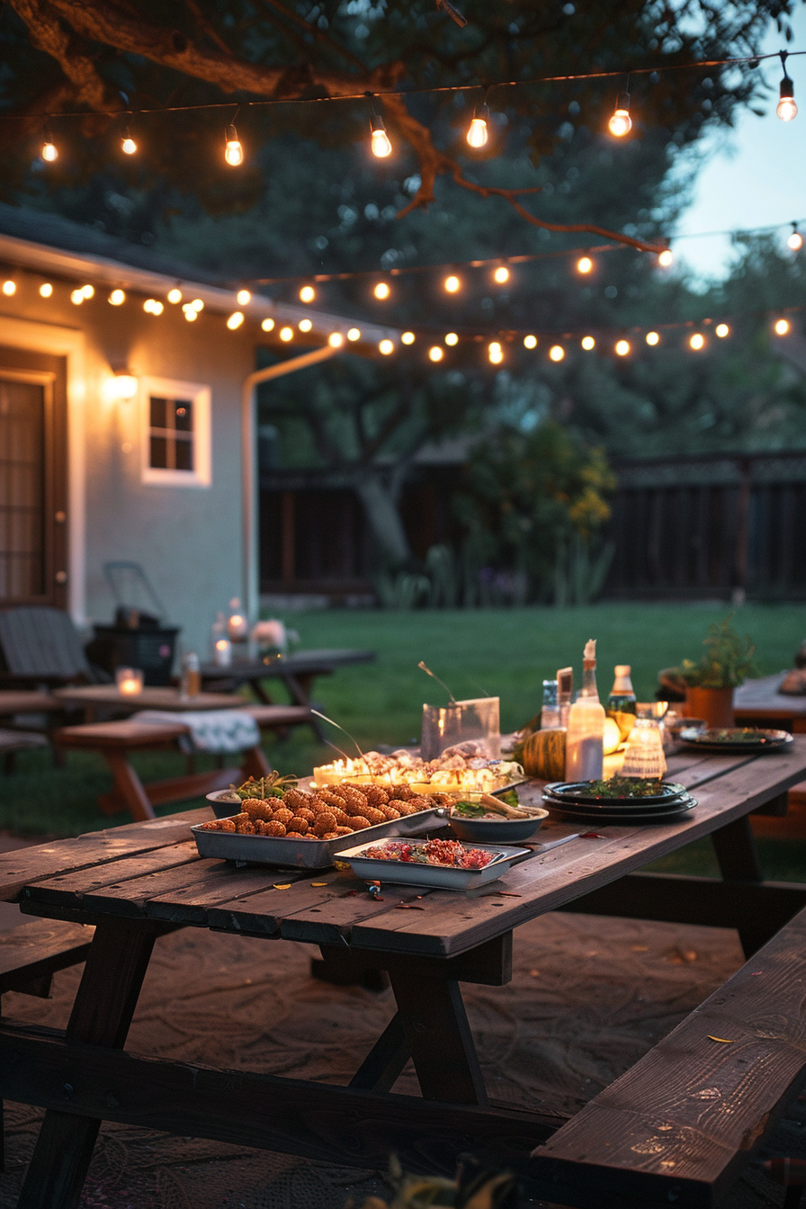 An outdoor dining setup at dusk with a wooden table full of food, string lights overhead, and a lawn in the background.