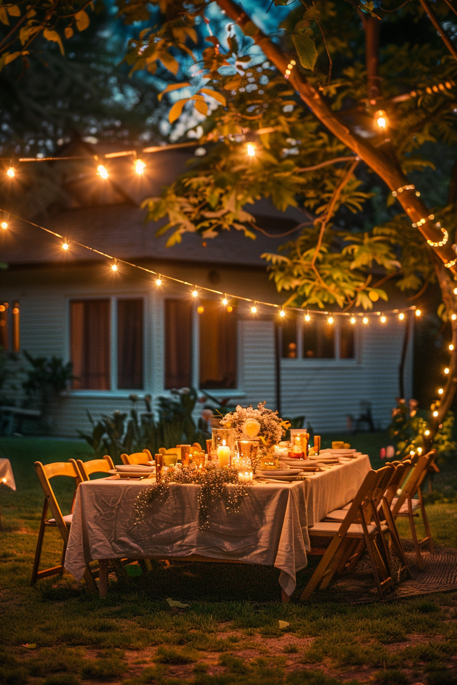 Outdoor evening dinner setting with a table adorned by candles and flowers, under string lights, in a backyard.