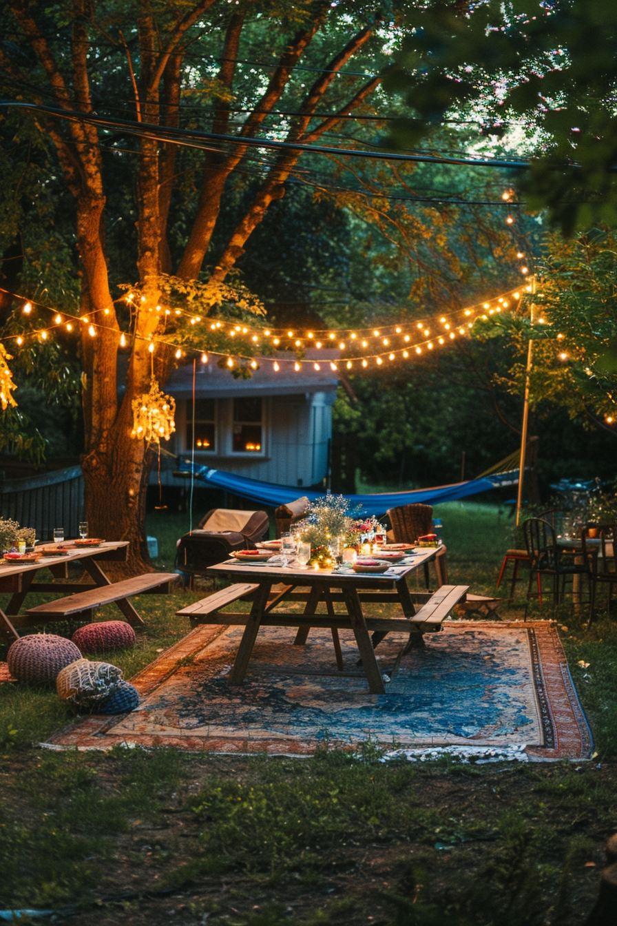 ALT: A cozy backyard evening setting with string lights, a picnic table set for dinner, rugs, and a hammock in a lush garden.