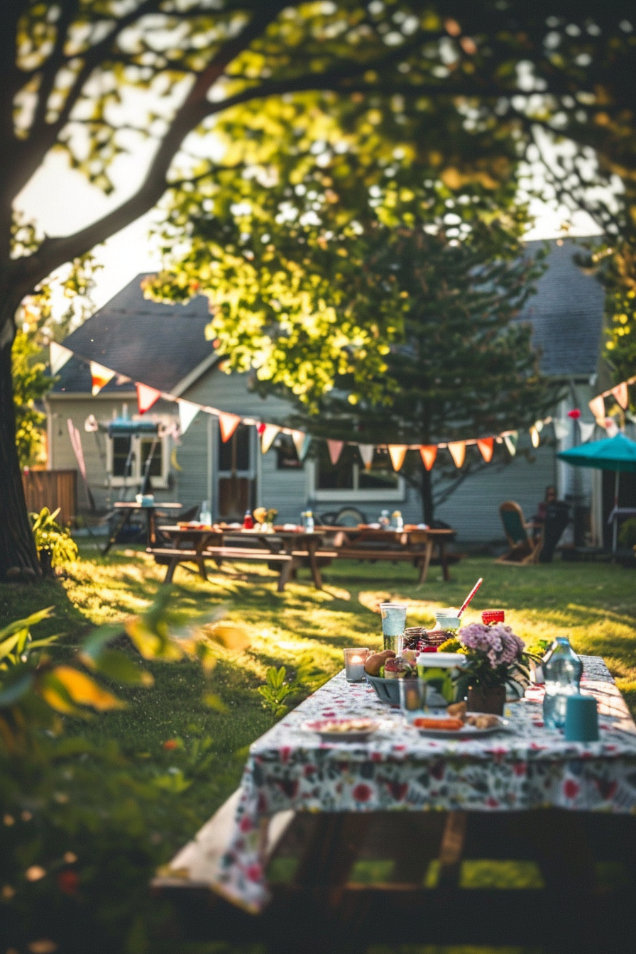 Sunny backyard setting with a picnic table covered in a floral tablecloth, surrounded by trees and festooned with string lights and bunting.