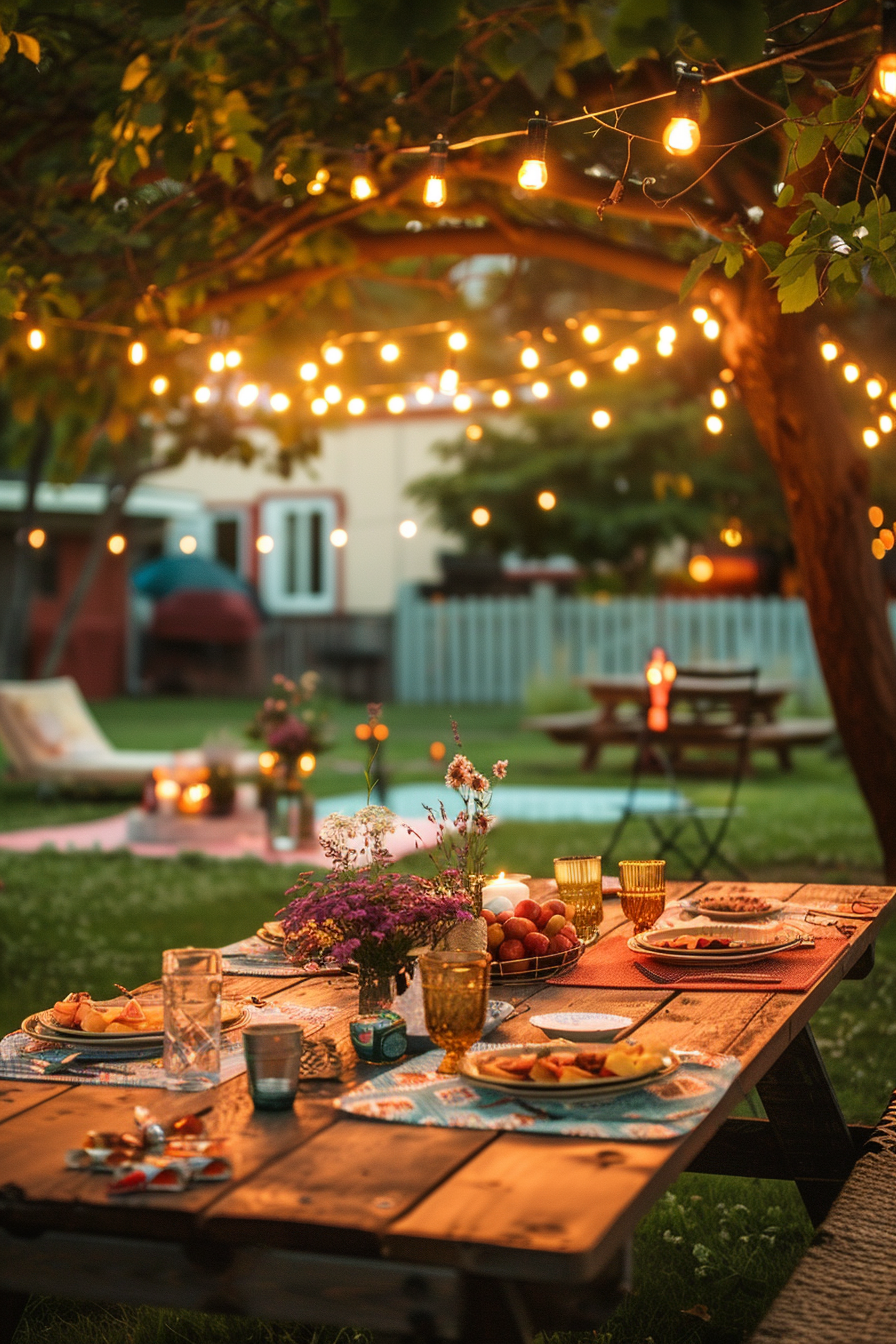 "Cozy backyard evening setting with a wooden table set for a meal, adorned with string lights and candles, with a hammock in the background."