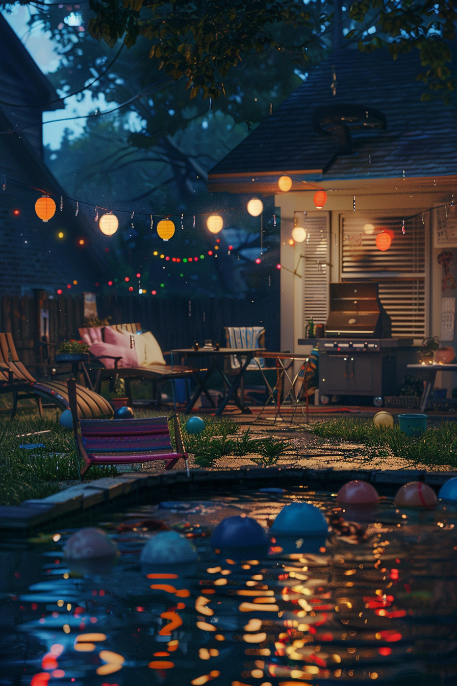 Cozy backyard evening scene with colorful lanterns above, furniture, a pool with floating balls, and a warmly lit house interior.