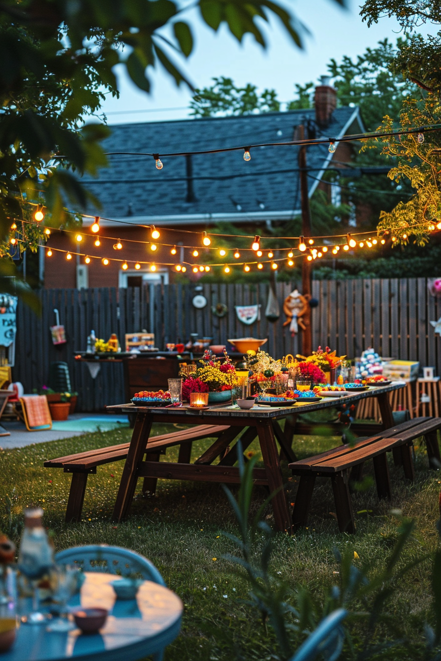 Cozy evening backyard party setting with string lights, picnic table set with colorful dishes and glasses, surrounded by greenery.