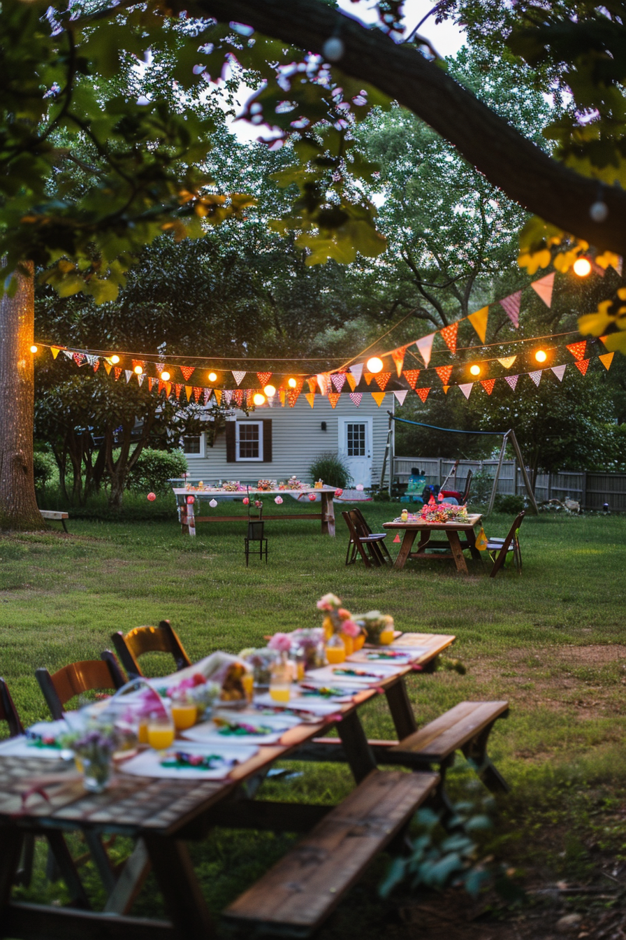Outdoor party setup at dusk with string lights, picnic tables, and colorful decorations in a backyard.