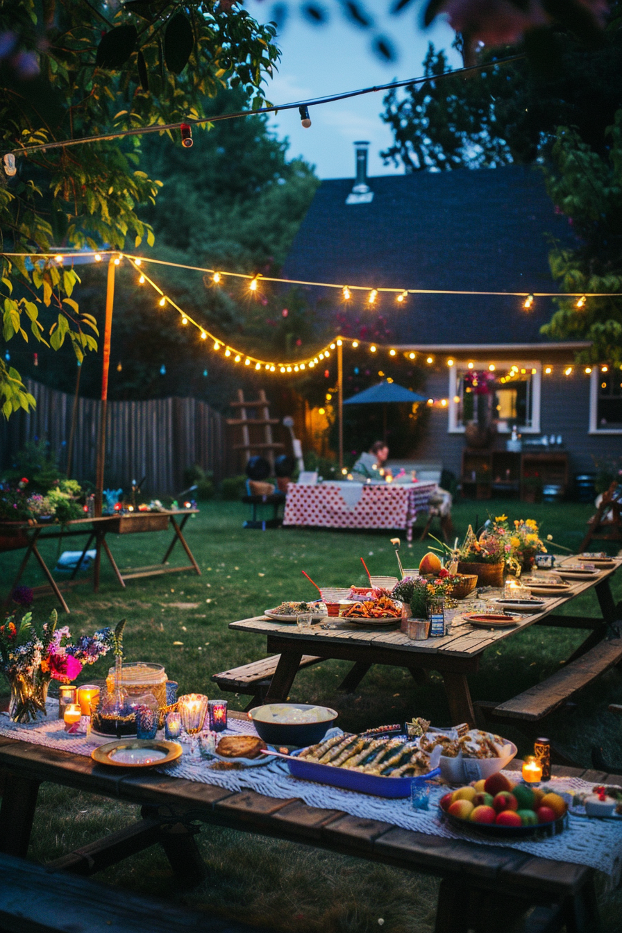 "Twilight backyard party with string lights, a picnic table with food, and flowers, creating a cozy and inviting outdoor atmosphere."