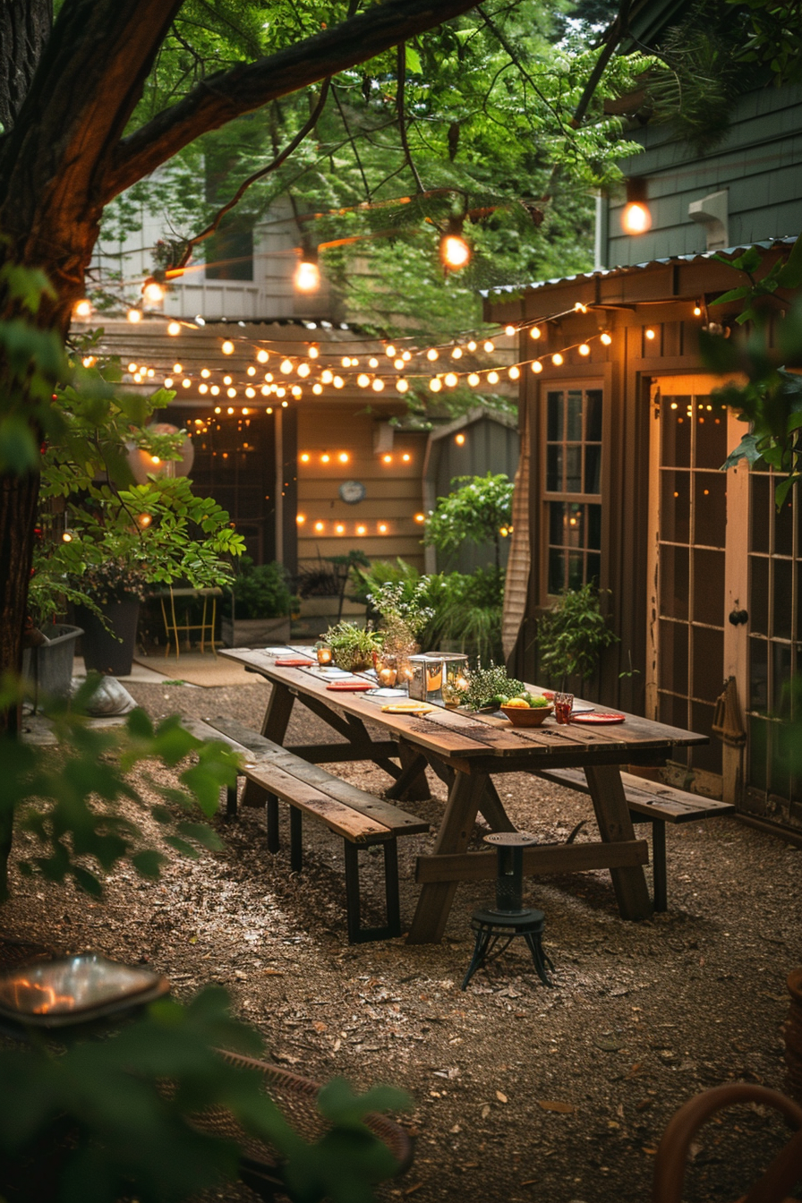 Cozy backyard dinner setting with a wooden table, string lights, surrounded by lush greenery.