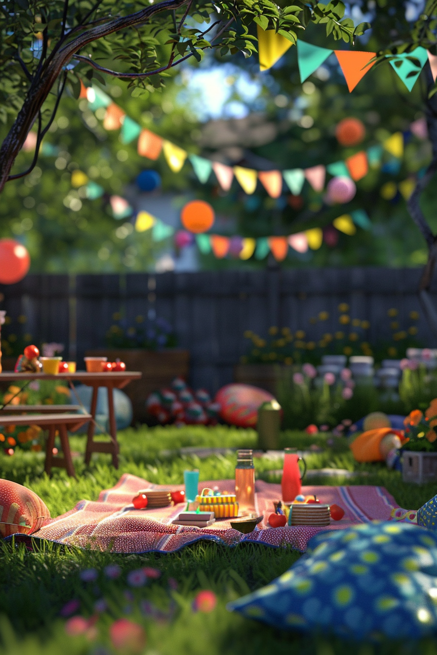 A colorful garden picnic setup with a blanket, snacks, and festive string lights hanging above.
