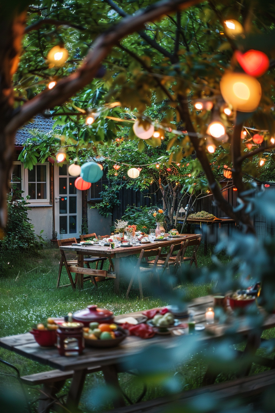 Alt text: An outdoor dining table set for a feast, adorned with fruits and candles, under a canopy of trees with hanging colorful lanterns.