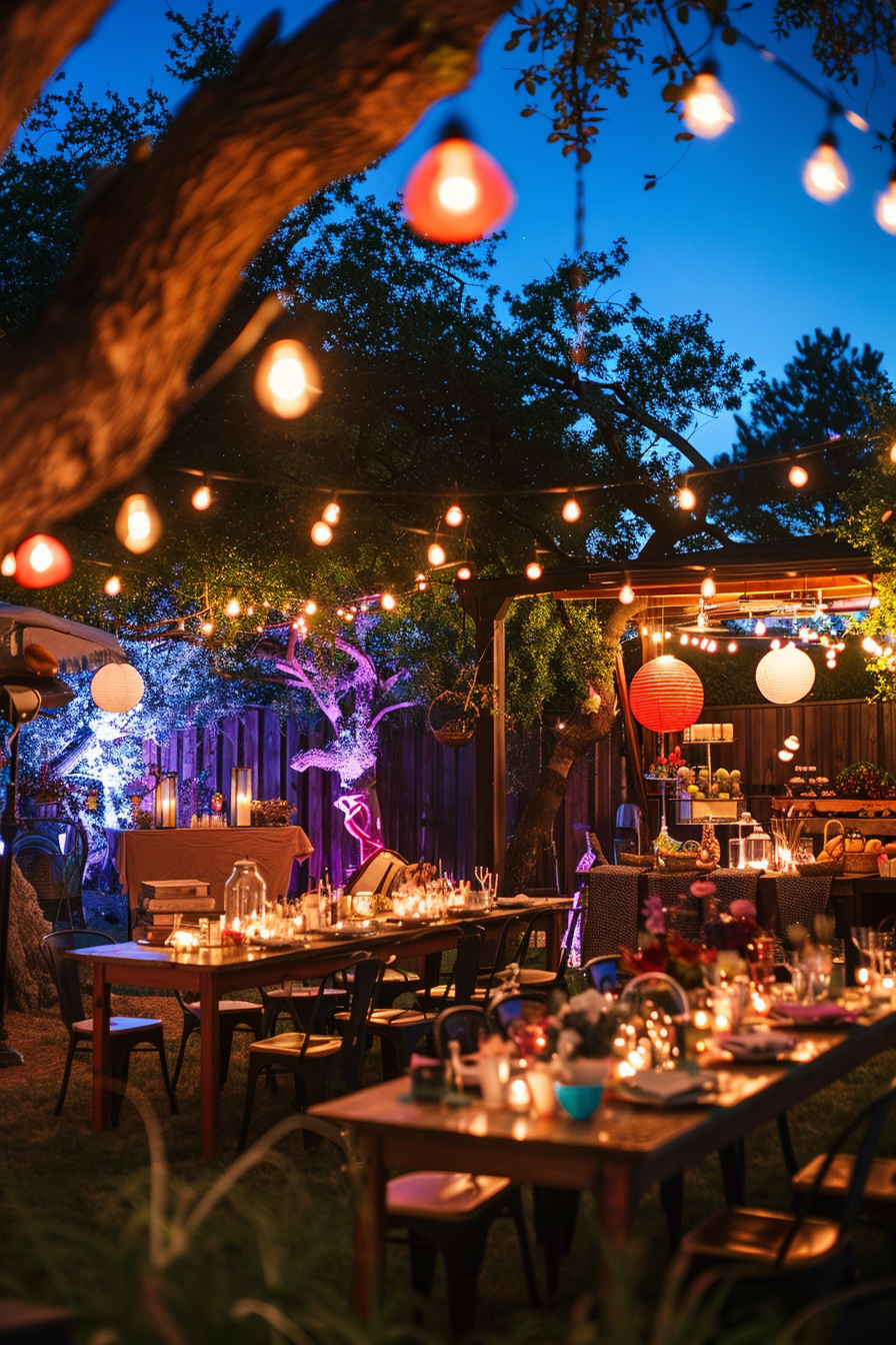Evening garden party setup with string lights, decorated tables, and illuminated trees, creating a cozy and festive ambiance.