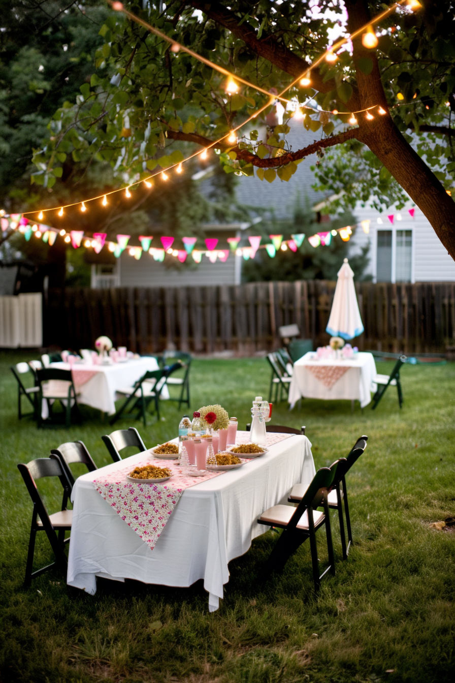 Outdoor garden party setup at dusk with string lights above, decorated tables with flowers and refreshments.