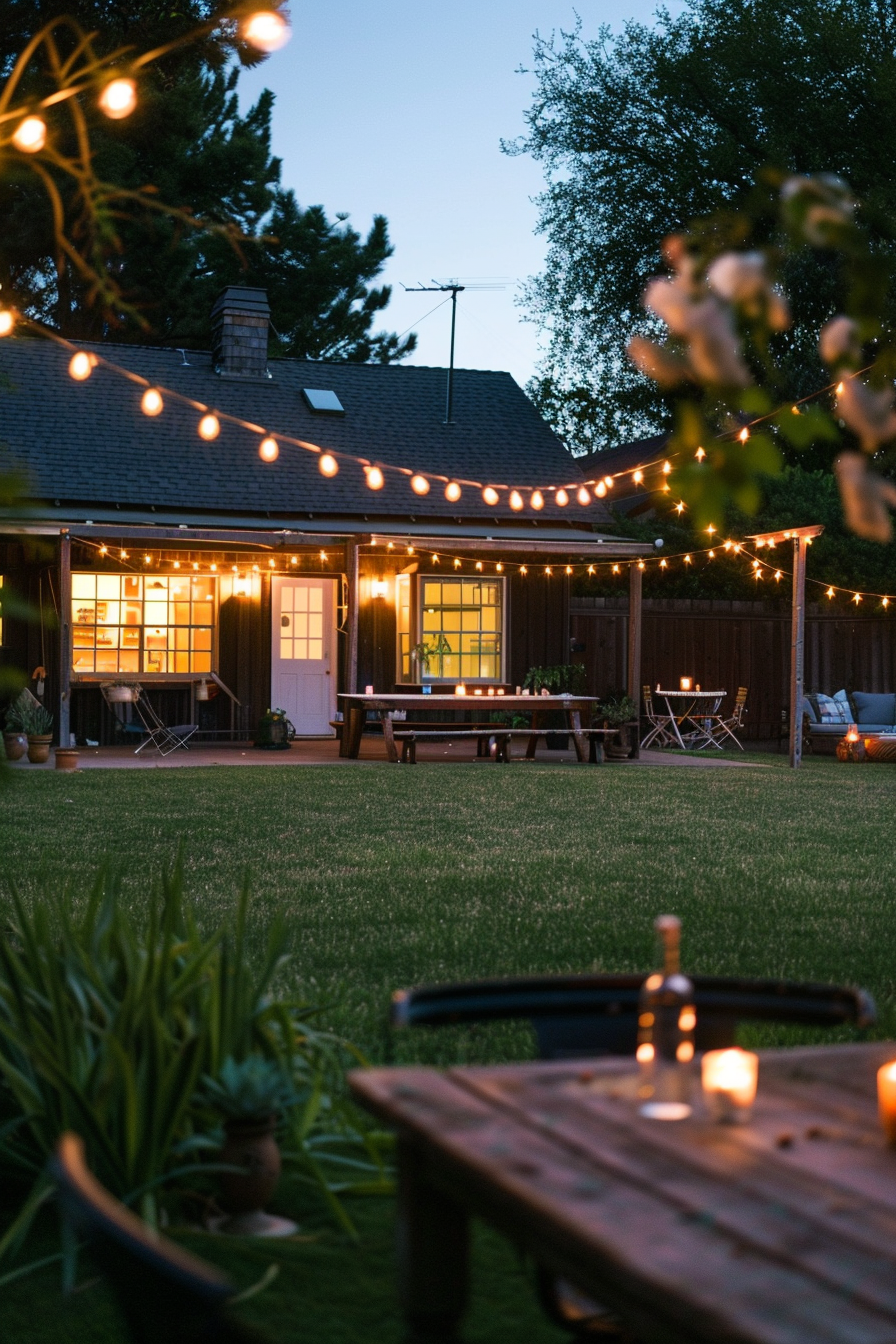 A cozy backyard at dusk featuring string lights, a wooden deck, furniture, and a bottle on a table with a warm glow from the house windows.