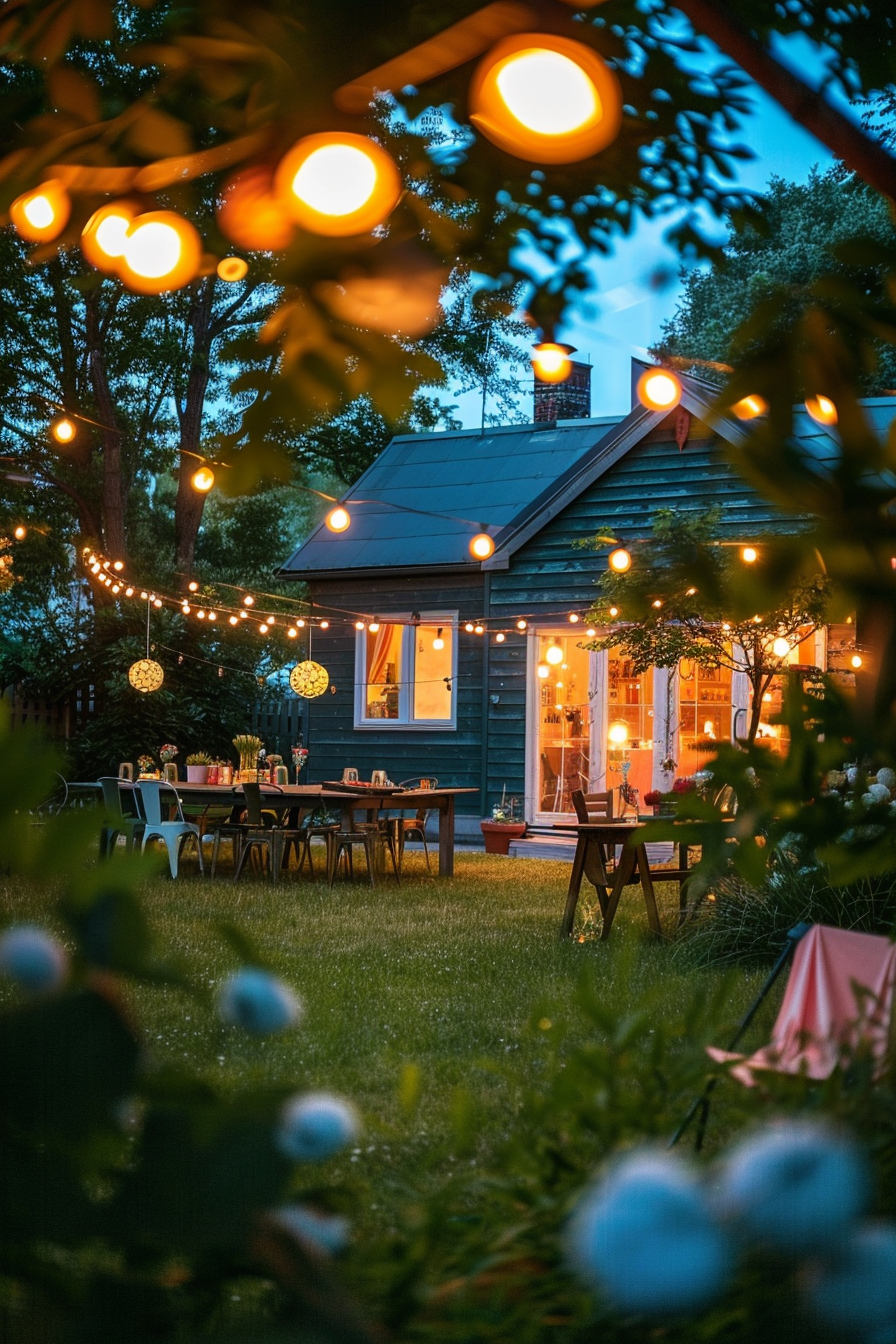 Twilight scene of a cozy backyard with string lights leading to an illuminated cabin, outdoor dining set on the grass, and decorative balls in the foreground.