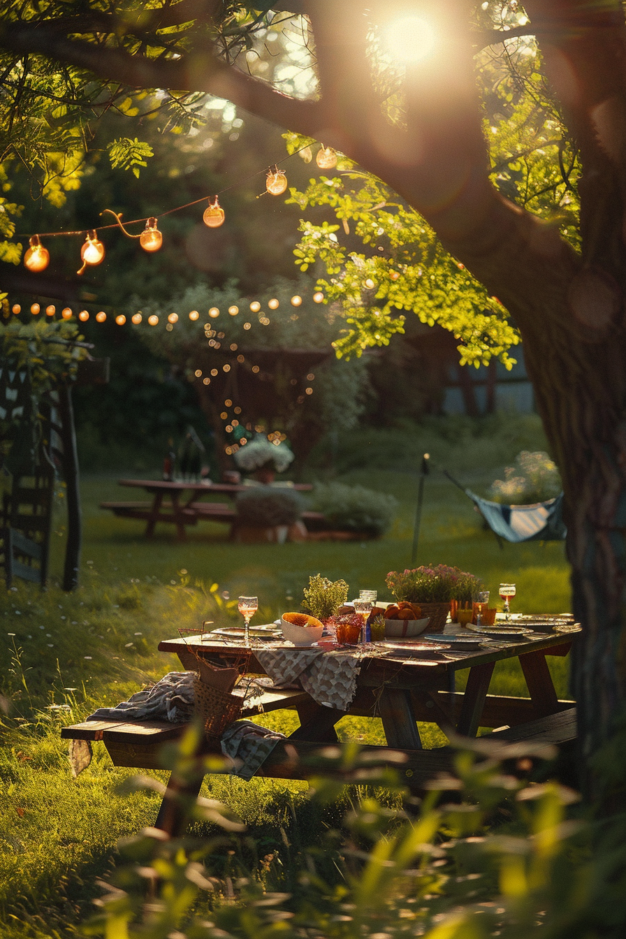 Decorated garden picnic table with food and drinks, string lights overhead, warm sunset light filtering through trees.