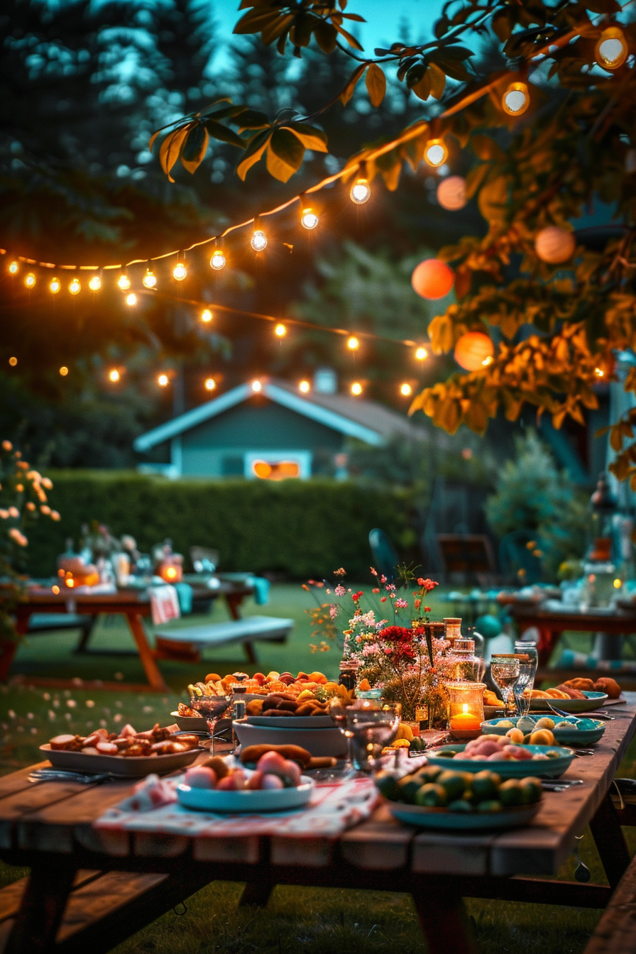 Alt text: A cozy evening garden party setup with a table full of food, twinkling string lights, and greenery in the background.
