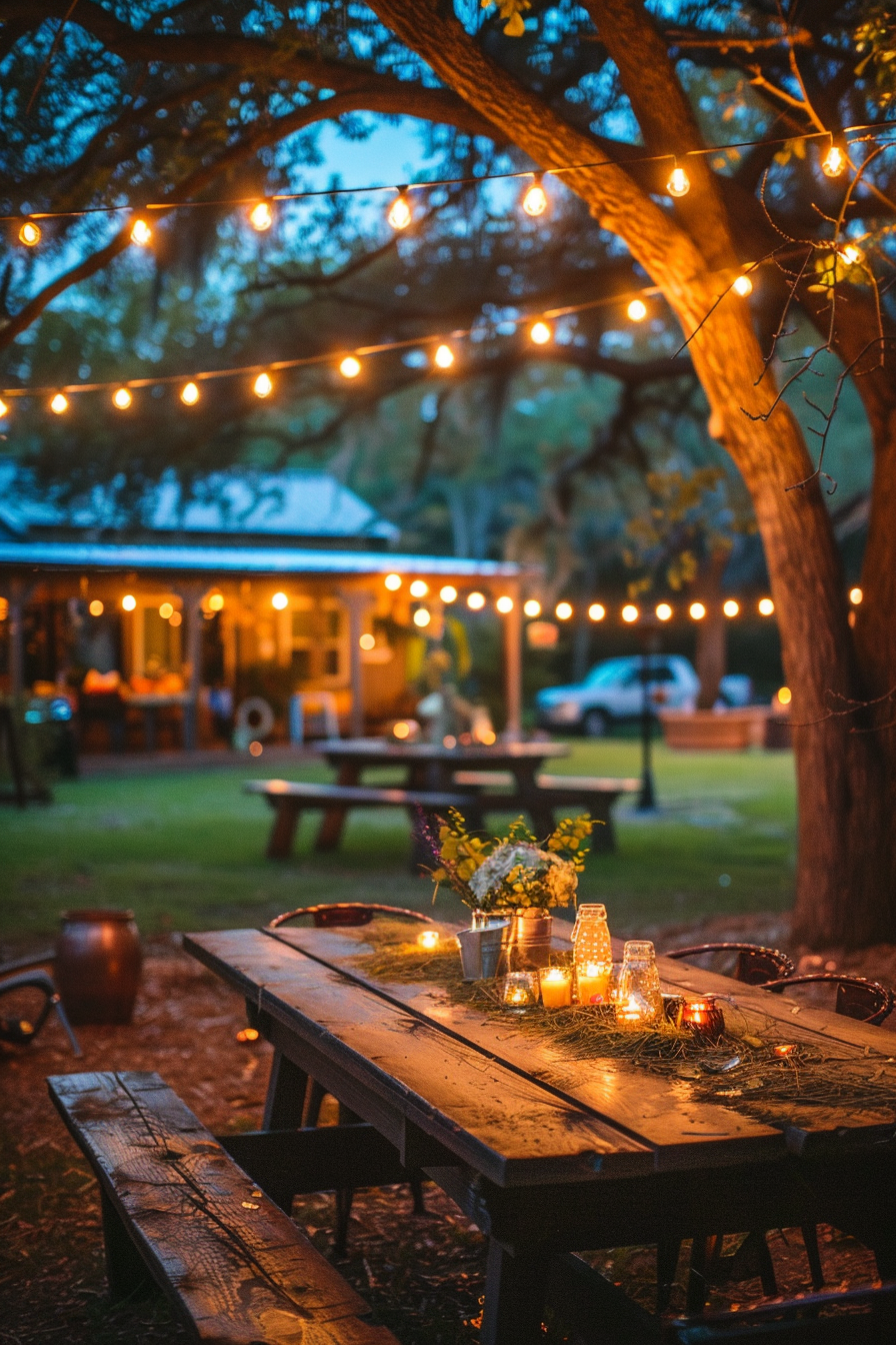 A cozy outdoor setting at dusk with string lights above, a wooden picnic table adorned with candles, and a blurred background featuring a cabin.