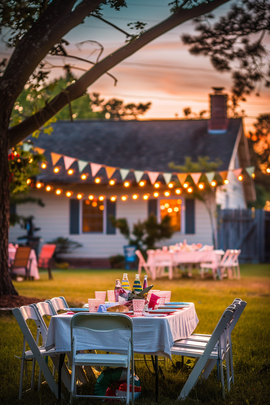 A cozy backyard evening setup with tables, chairs, and string lights as the sun sets in the background.