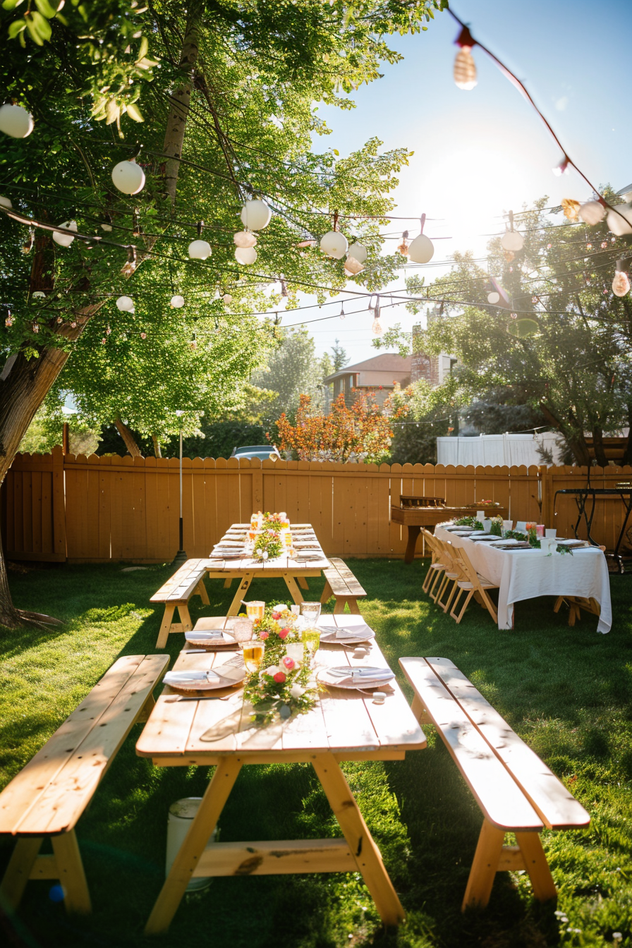 Outdoor garden party setup with wooden tables, floral centerpieces, and string lights hanging above on a sunny day.