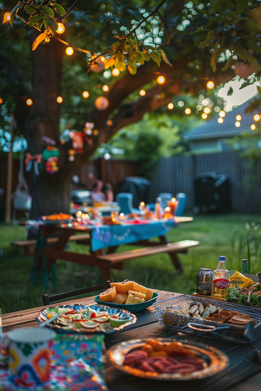 ALT Text: "Evening backyard party setup with a picnic table adorned with food, colorful tablecloth, and string lights hanging from a tree."
