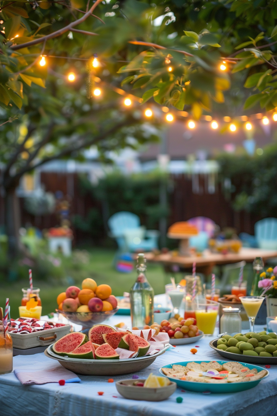 ALT: A cozy evening garden party setup with string lights, a table laden with fruits, drinks, and snacks, and colorful chairs in the background.