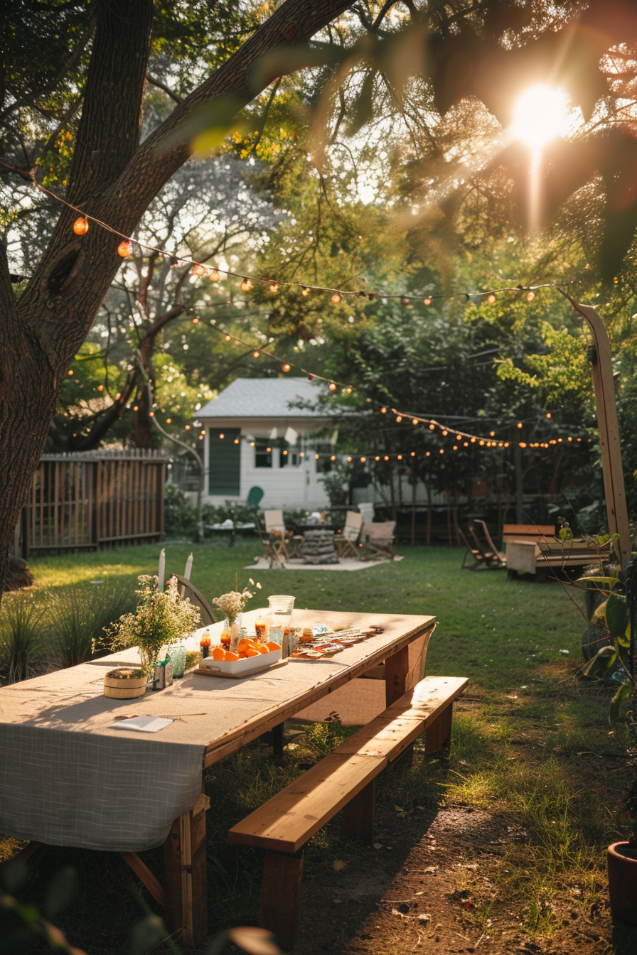 A backyard setting at sunset with a long dining table set for a meal, string lights above, surrounded by trees and a cozy house in the background.