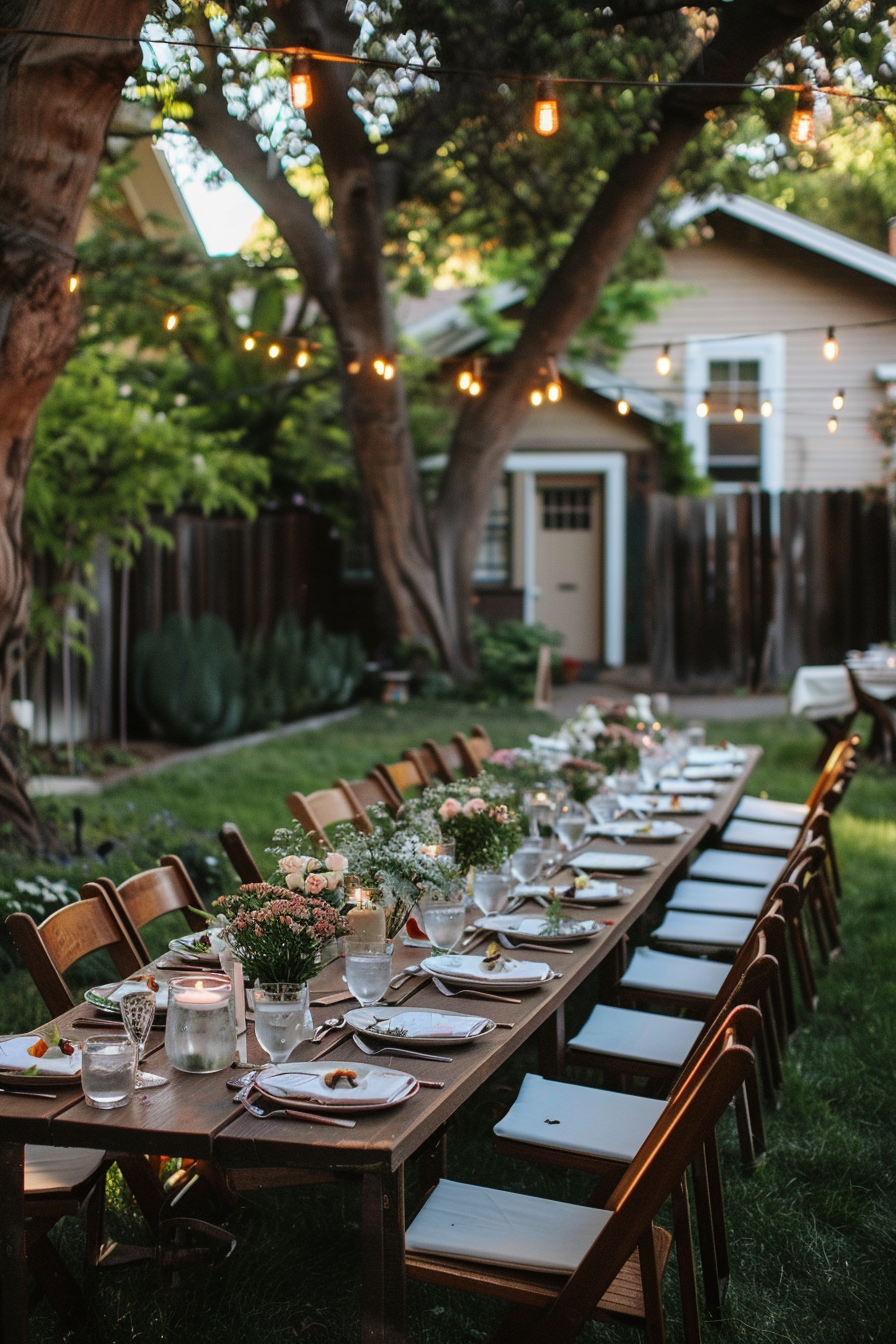 Elegant outdoor dining setup with a long wooden table, chairs, dinnerware, and string lights hanging above in a garden at dusk.