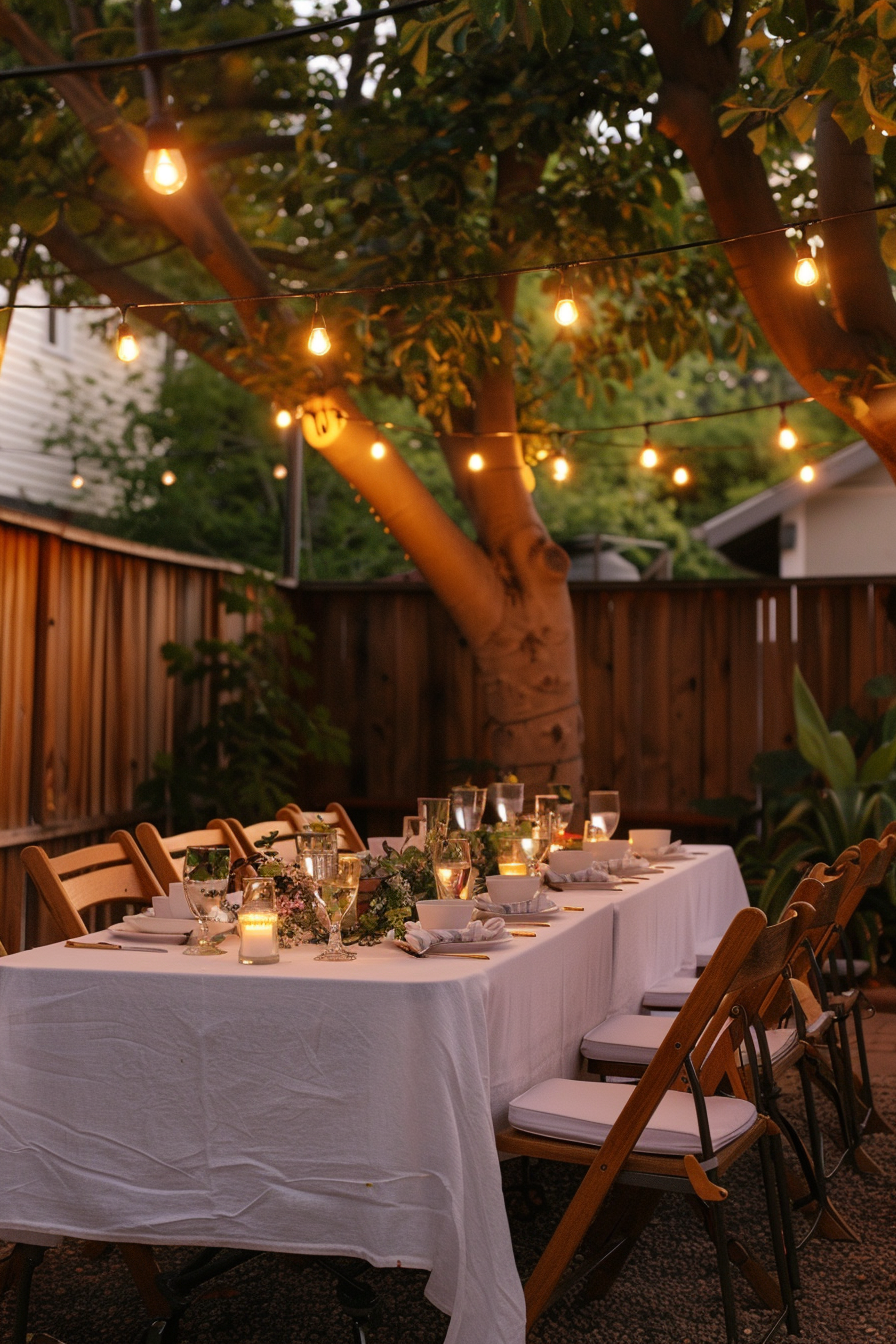 Outdoor evening dinner setup with a white tablecloth, string lights, greenery, and candles, creating a warm ambiance.