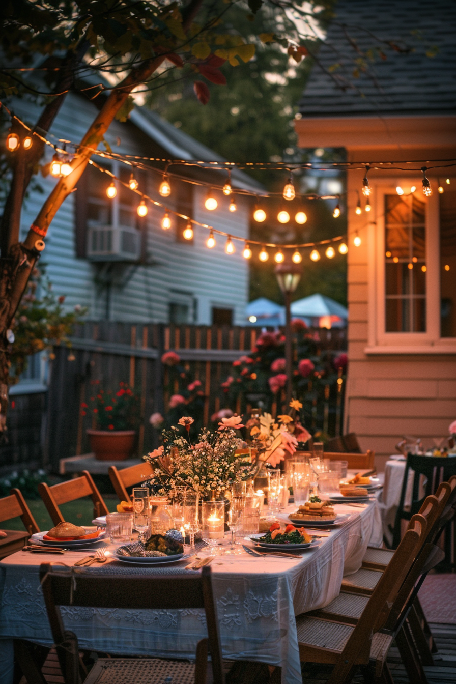 Cozy outdoor evening setting with a dining table adorned with candles and flowers, string lights above, and a house in the background.