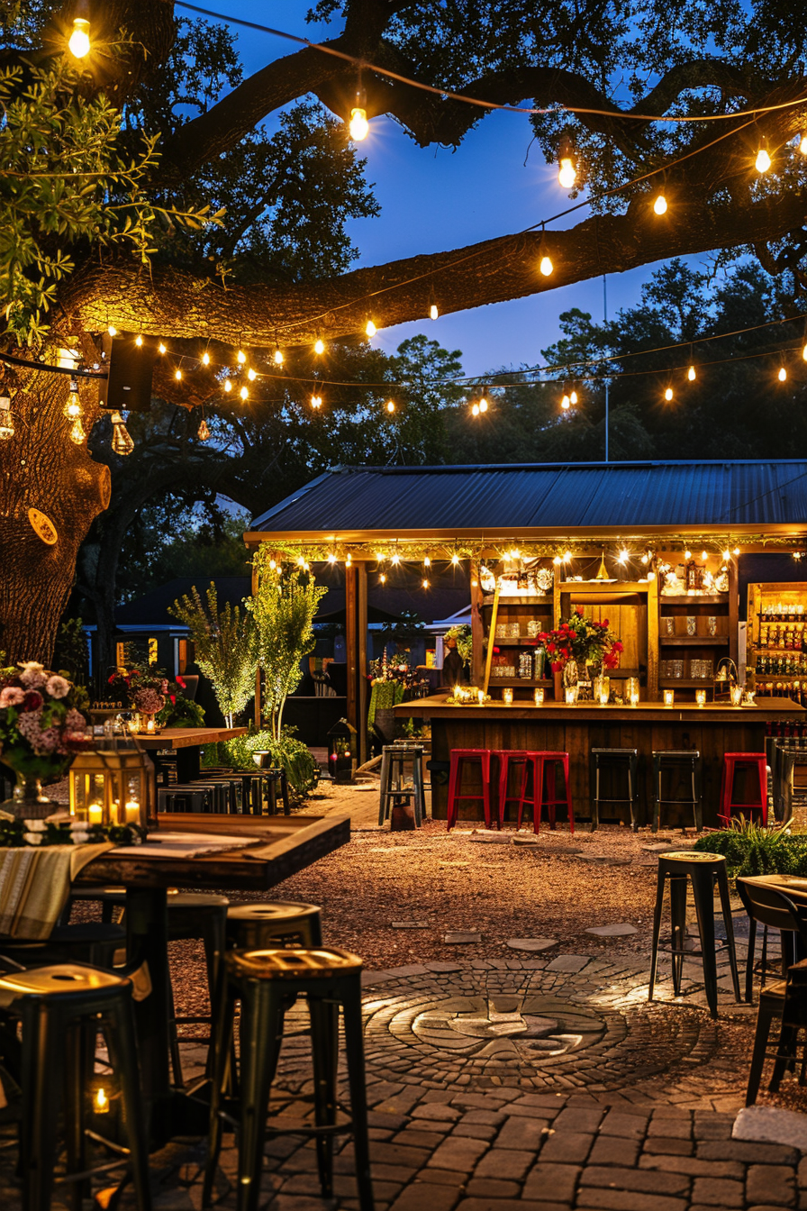 Outdoor evening scene at a rustic bar with string lights, bar stools, and plants under a large tree.