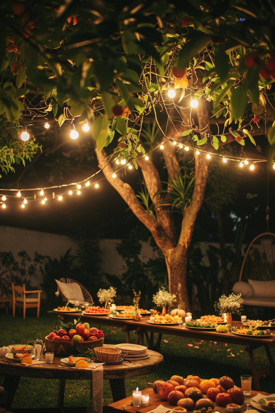Outdoor evening setting with string lights hung in trees, tables with fruits and flowers, and a cozy swing chair.