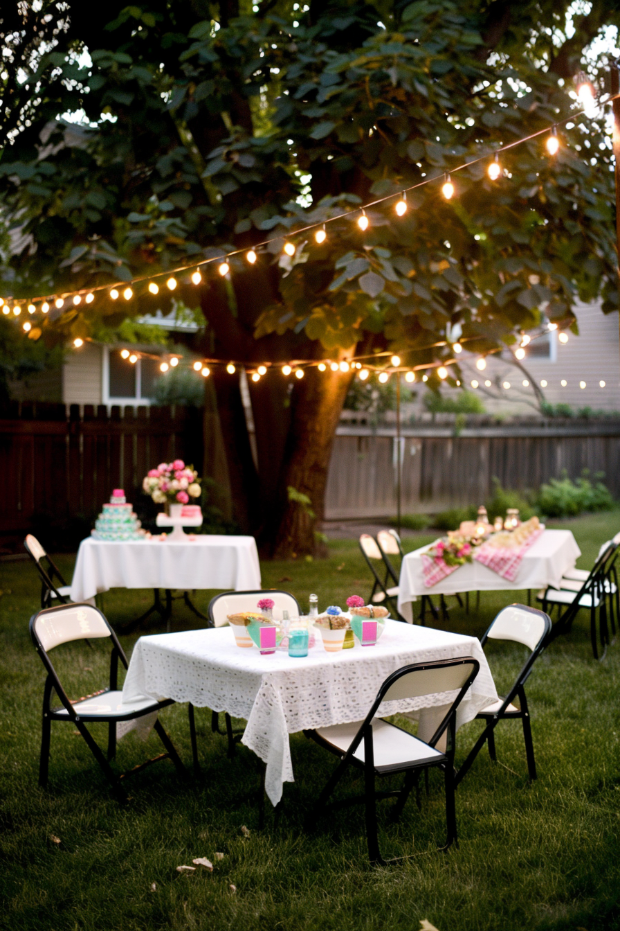 A cozy backyard evening scene with string lights, tables set with white cloths, and chairs on a manicured lawn.