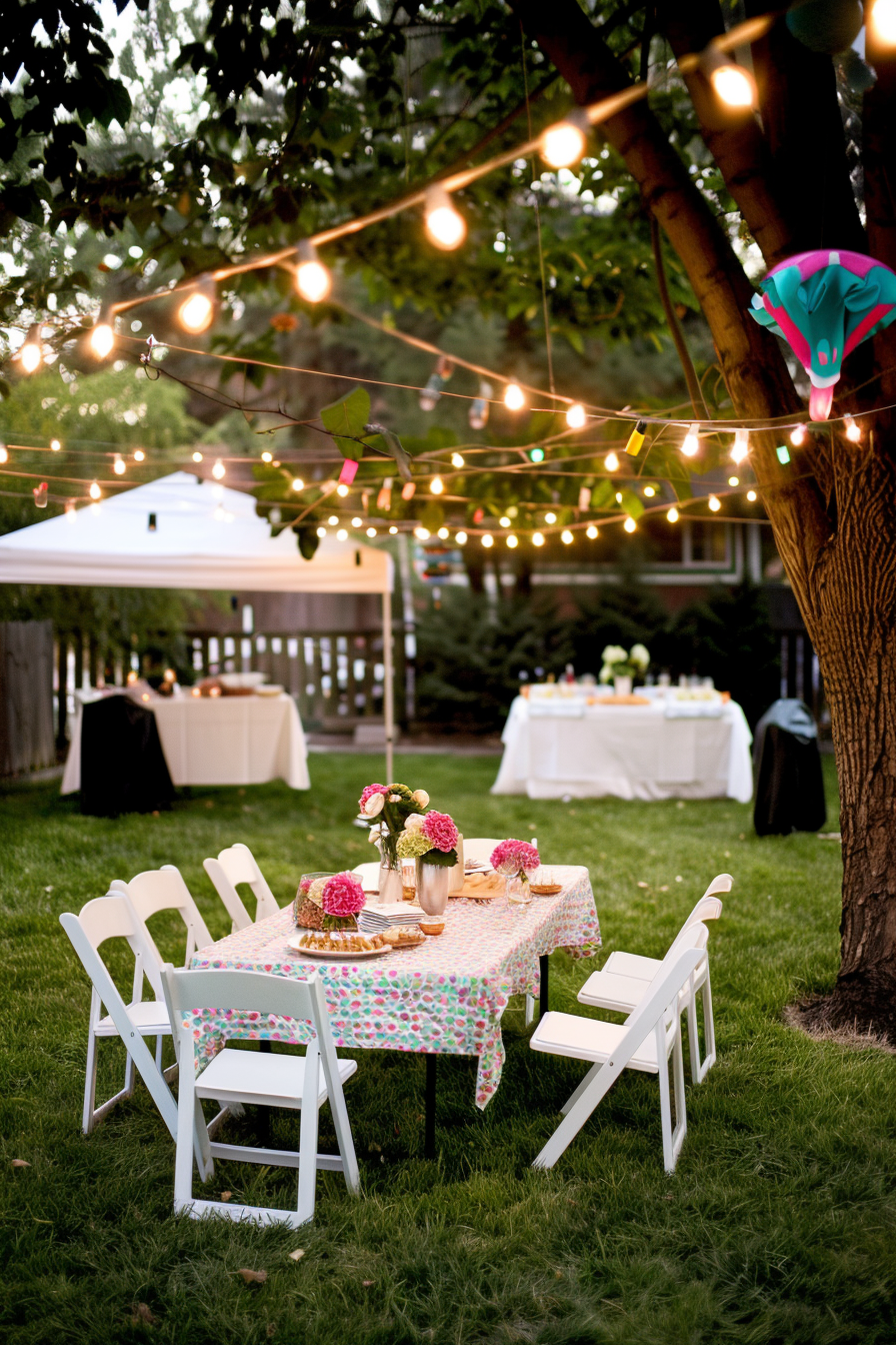 A cozy outdoor evening setting with a table set for a meal under a canopy of string lights, with additional decor and seating nearby.