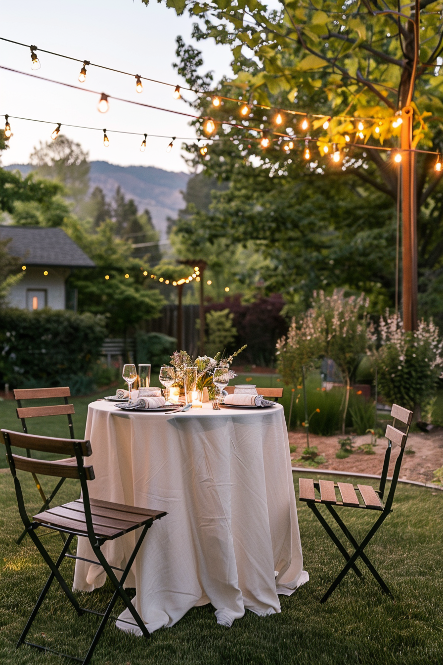 A cozy outdoor dining setup with a table for two, string lights above, and a lush garden in the background at dusk.