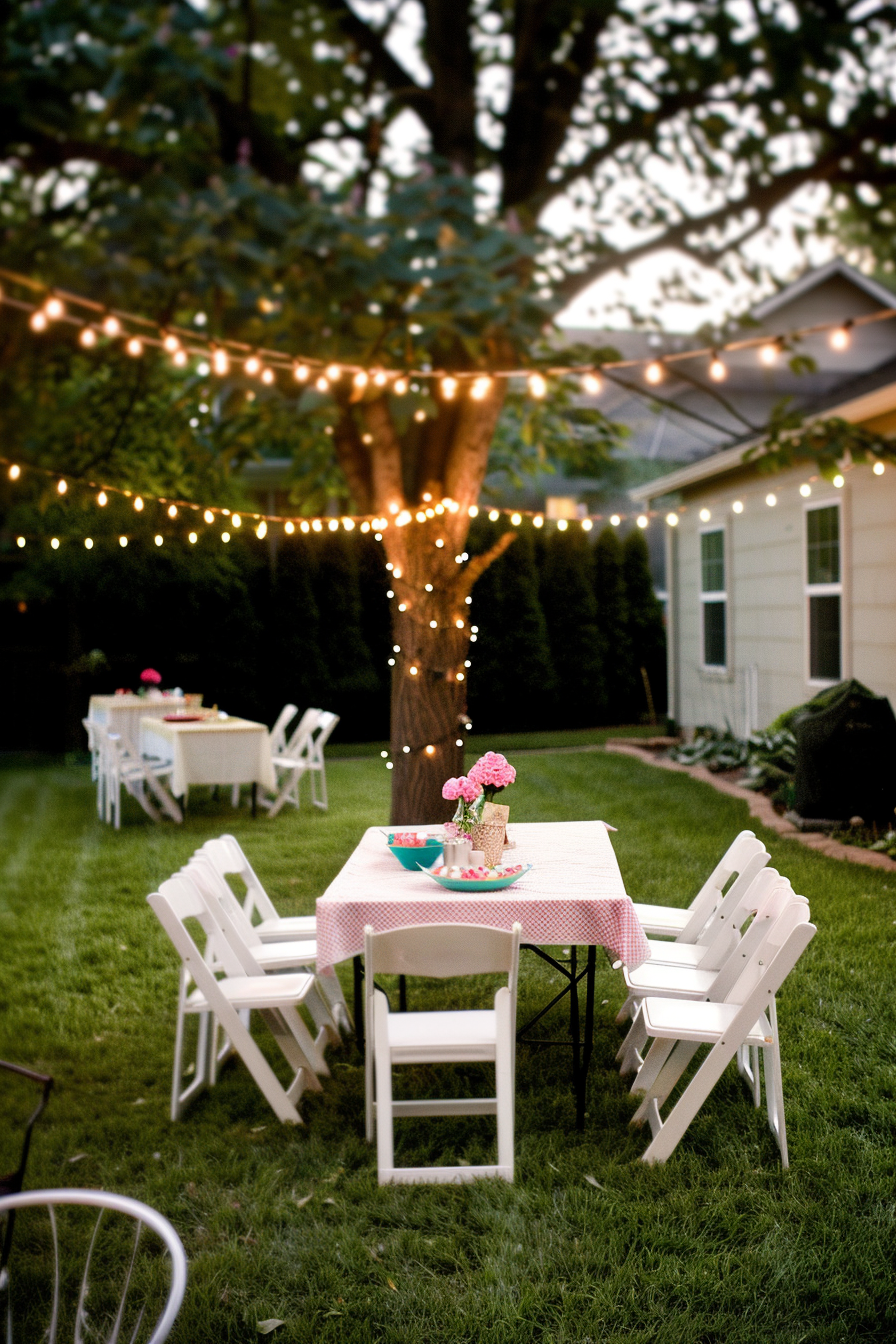 Cozy backyard evening setting with string lights, a tree, and a set dining table with flowers.