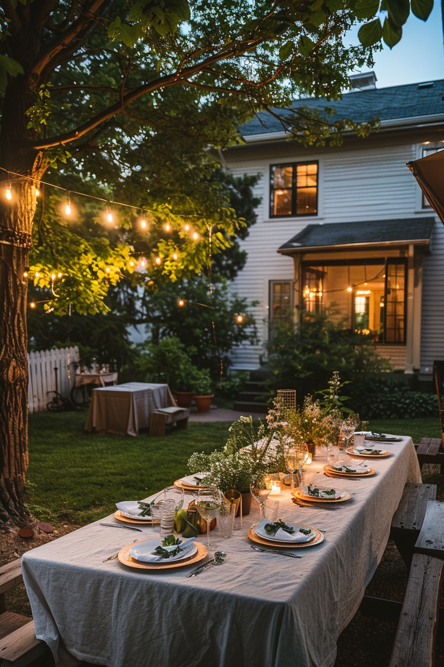 Cozy evening backyard dinner setup with string lights, a long table set with dishes and flowers, in a garden adjacent to a house.