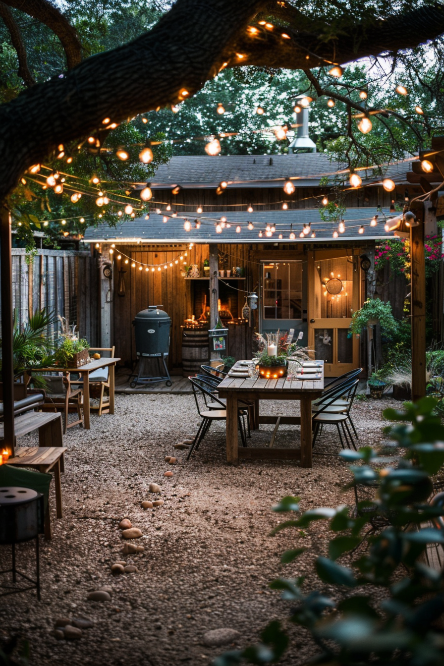 Cozy backyard evening setting with string lights, a dining table set for dinner, and a barbecue grill in the background.